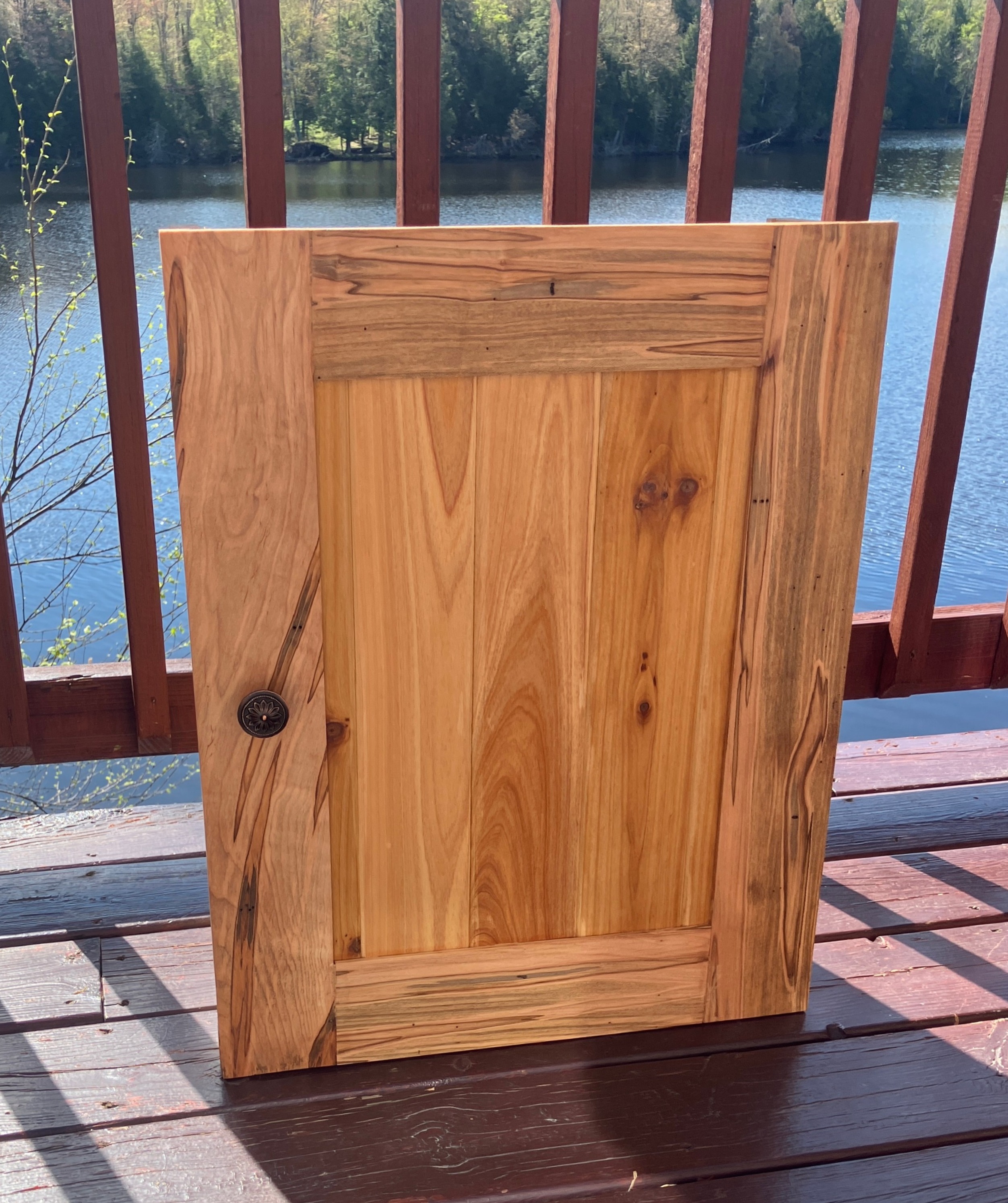 Front view of rustic medicine cabinet made from Ambrosia Maple and Northern White Cedar